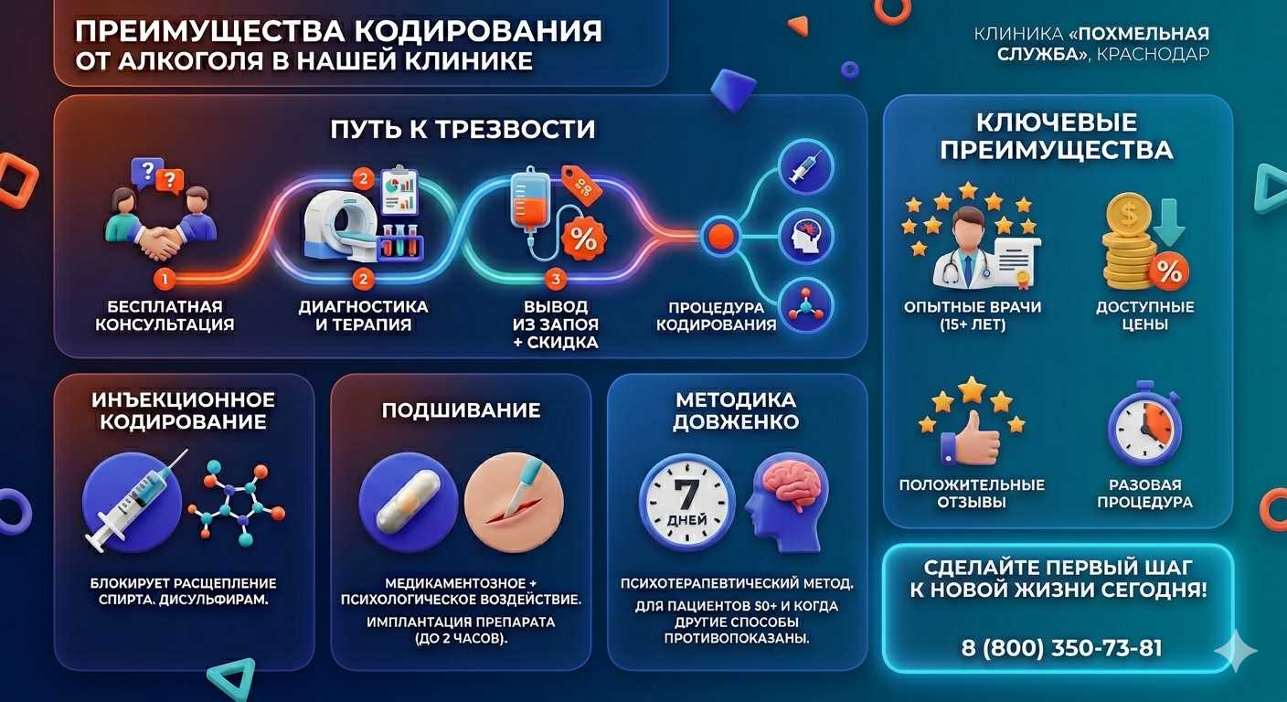 Инфографика о методах кодирования от алкоголя в Тольятти: инъекции, подшивание, метод Довженко. Преимущества клиники и этапы лечения.