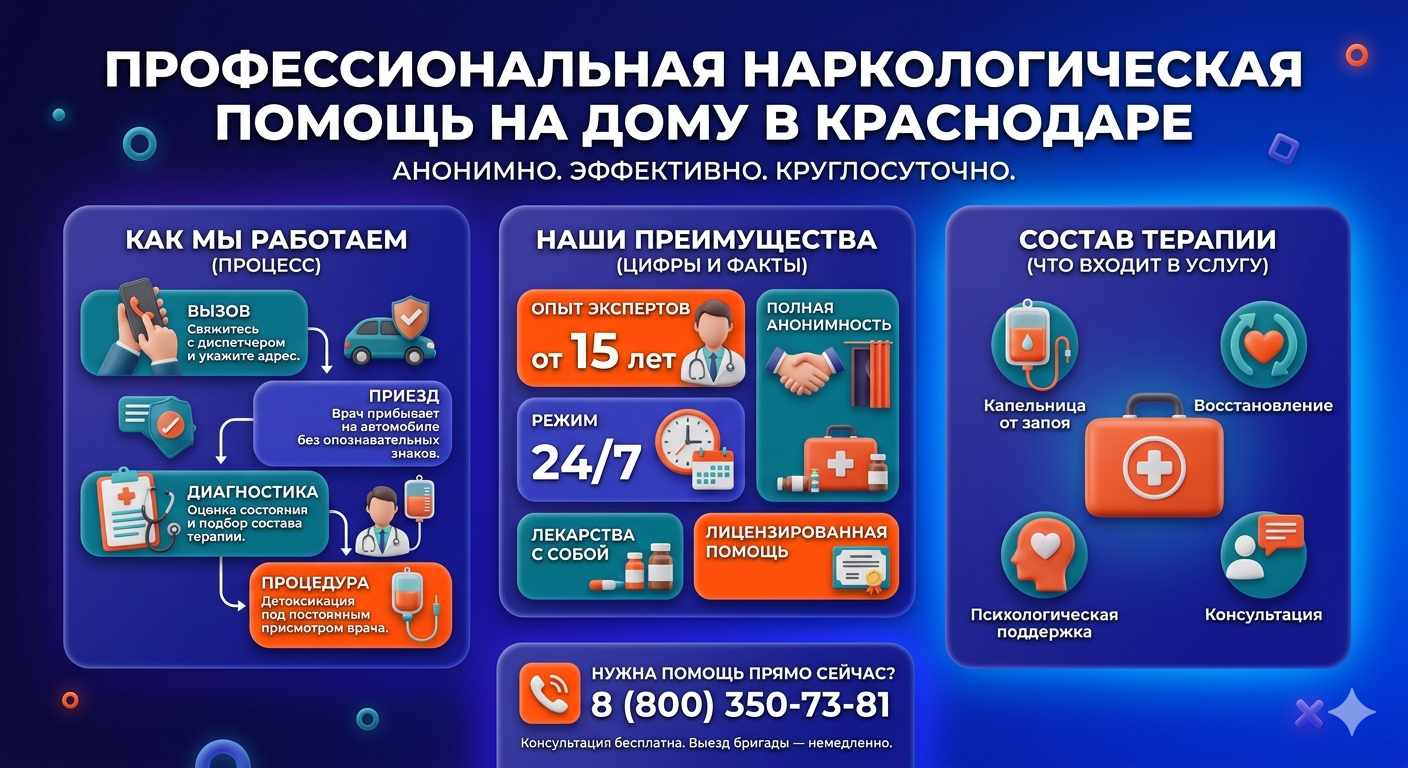 Инфографика о принципах лечения алкоголизма на дому в Тольятти: этапы вызова нарколога, преимущества анонимной детоксикации и состав медицинской помощи.